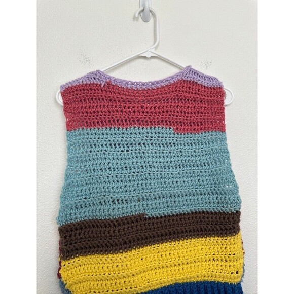 Handmade Colorblock Sweater Vest Sleeveless Crochet Blue Pink Boho Women Medium - Picture 2 of 5